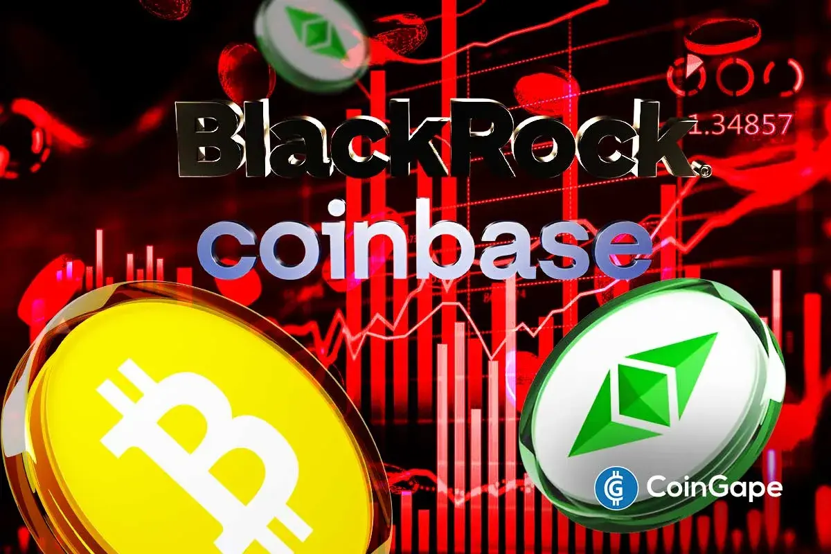 BlackRock and Coinbase logos with Bitcoin and Ethereum visuals against a falling market backdrop, signaling major ETF transfers.