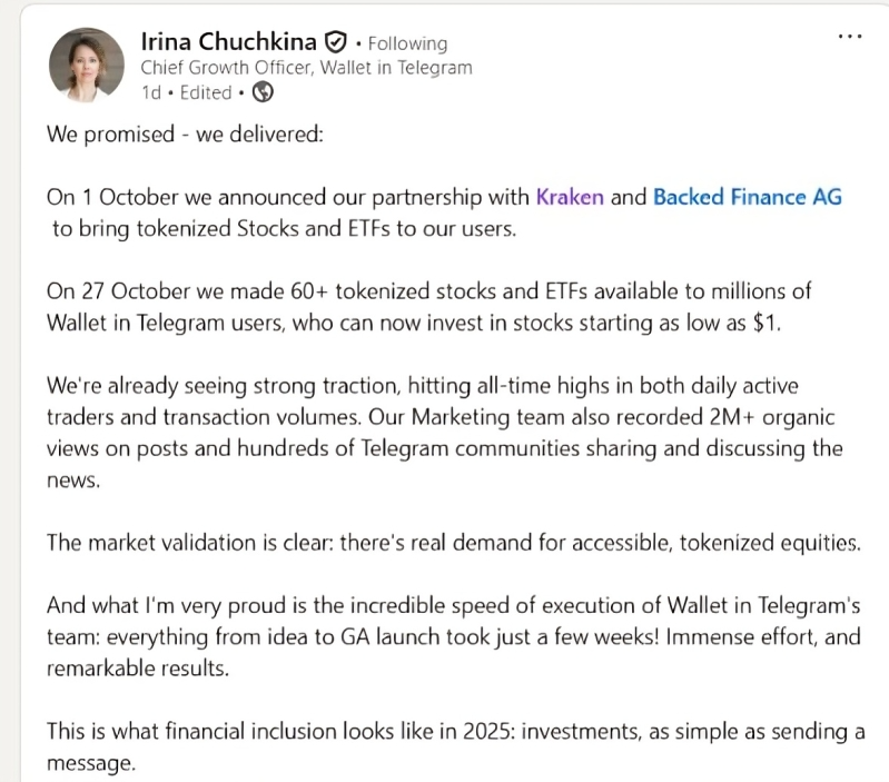 Wallet in Telegram Growth Head on Entry into Tokenized Equities Race