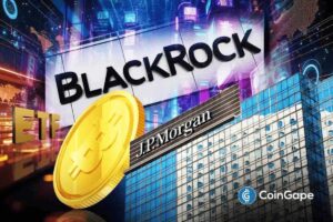 JPMorgan building beneath BlackRock branding and a Bitcoin coin, highlighting institutional Bitcoin investment activity.