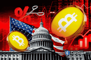 Bitcoin coins appear beside the U.S. Capitol and rate-cut symbols amid shifting economic and market conditions.
