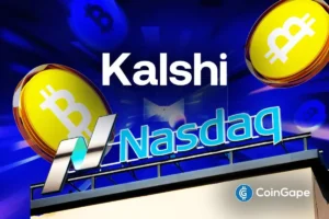 Bitcoin symbols appear beside Nasdaq signage as Kalshi forecasts a prolonged U.S. government shutdown impacting crypto and tech markets.