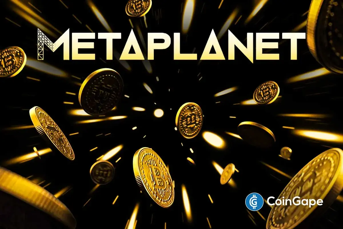 Gold Bitcoin coins burst outward behind the Metaplanet logo, symbolizing the company’s expanding Bitcoin-focused treasury strategy.