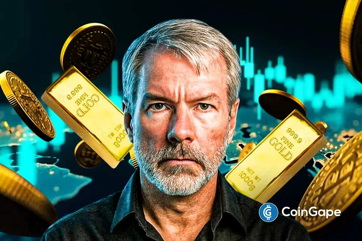 Michael Saylor pictured with floating gold bars and coins, symbolizing his prediction that Bitcoin will surpass gold in market value.