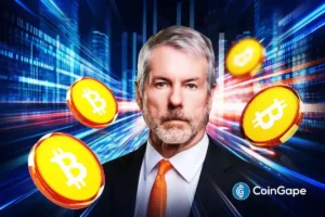 Michael Saylor stands before Bitcoin graphics as Strategy is linked to another potential BTC purchase.