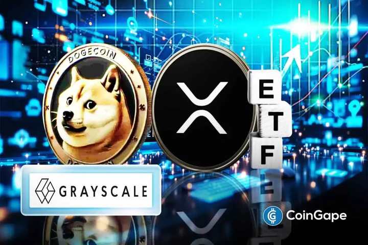 Dogecoin and XRP tokens displayed beside Grayscale and ETF symbols, illustrating the approval of their upcoming NYSE-listed spot ETFs.
