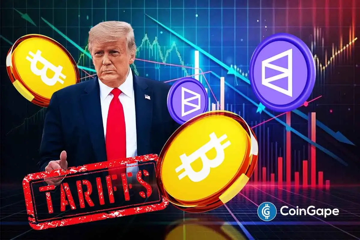 Trump stands before trade containers and Bitcoin symbols as tariff uncertainty grows following Supreme Court skepticism.