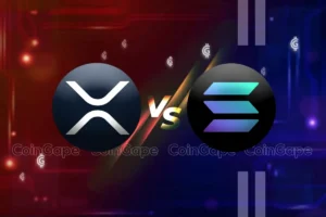 XRP and Solana logos facing off, symbolizing upcoming blockchain network debate.