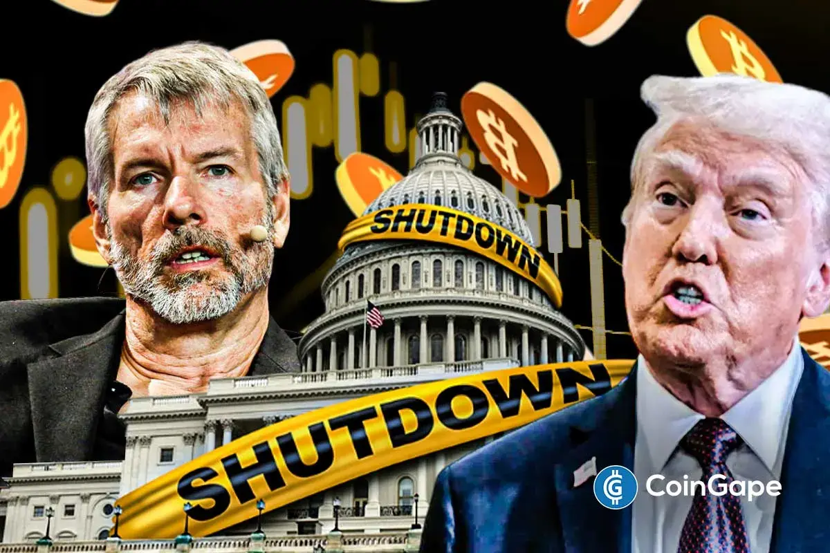 Michael Saylor and Donald Trump pictured against U.S. Capitol with Bitcoin and shutdown imagery