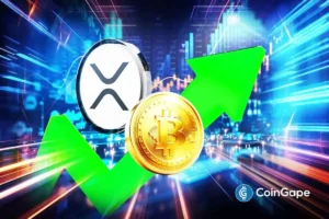 Bitcoin and XRP coins displayed against a rising market chart, highlighting renewed momentum in major cryptos.
