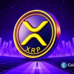 Large XRP coin glowing above a futuristic city skyline, symbolizing rising institutional interest and tightening market supply.