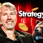An image of Michael Saylor, Strategy and Bitcoin's logos