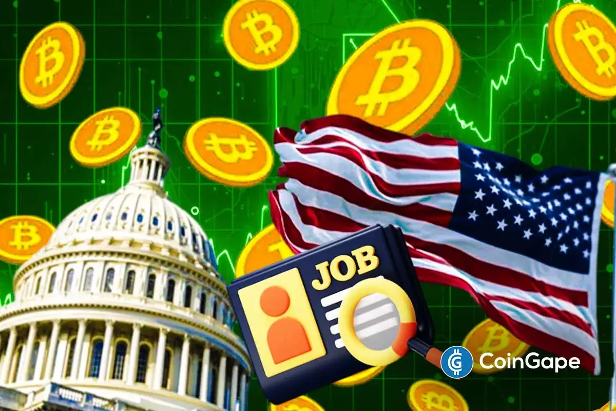 An image to represent the U.S. Jobs report and Bitcoin logo