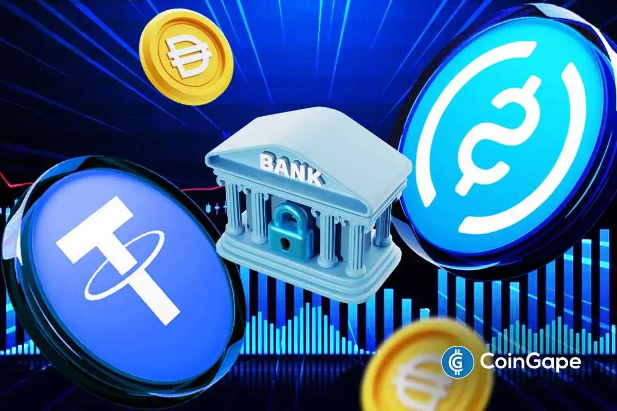 Stablecoin logos including USDT and USDC over a locked bank icon, highlighting rewards debate and bank opposition in crypto payments.