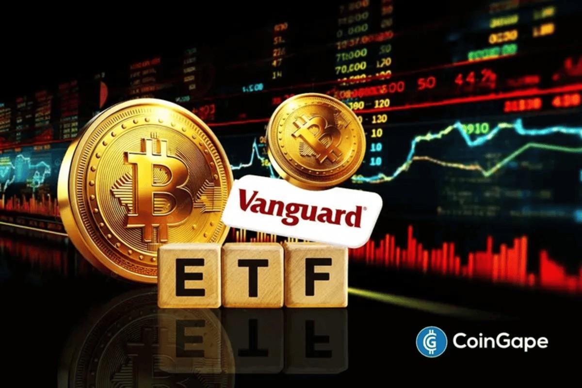 Vanguard logo appears beside ETF graphics as firm allows Bitcoin ETF trading while remaining skeptical of BTC.