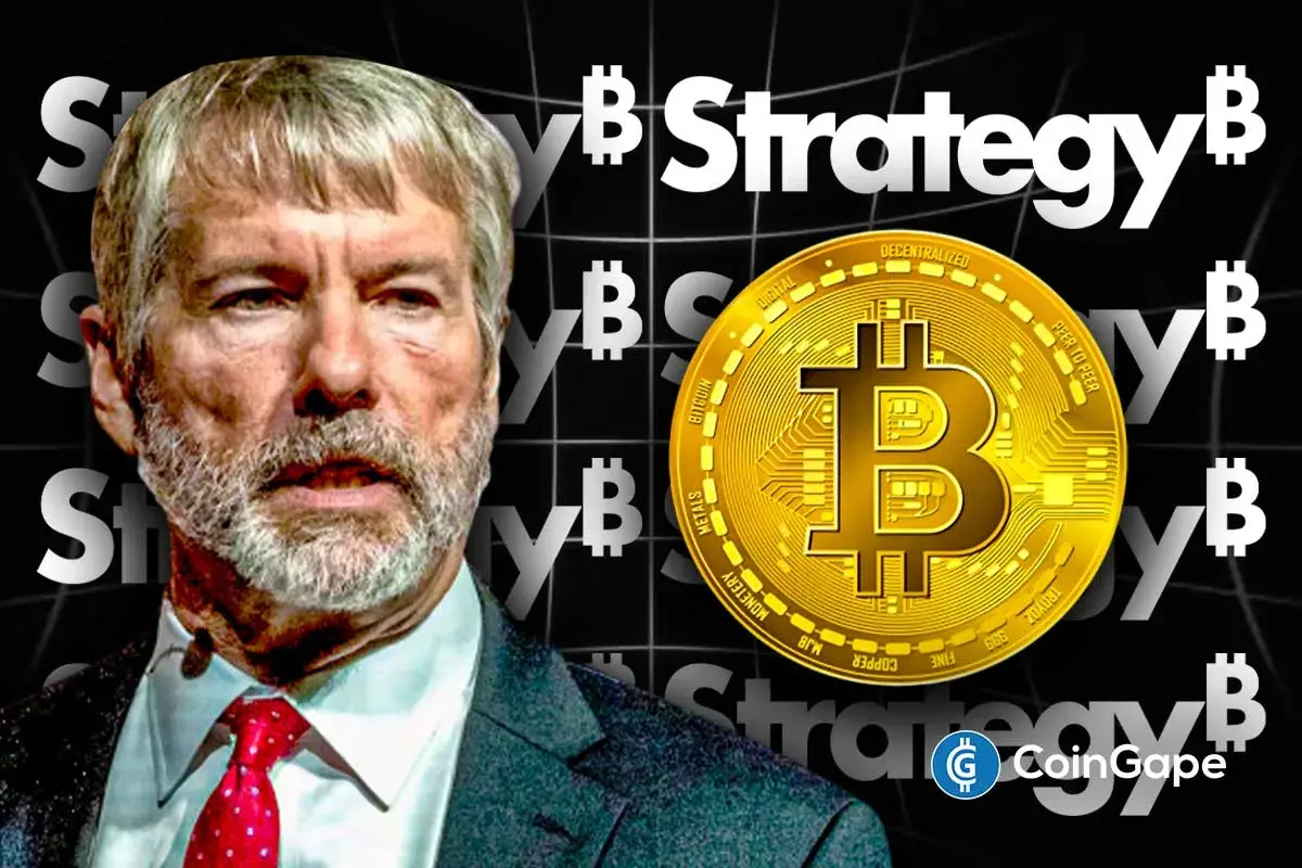 Strategy Chairman Michael Saylor beside a large Bitcoin symbol with Strategy branding in the background, highlighting fresh interest in BTC purchase.