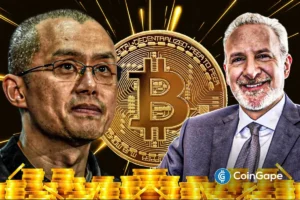 an image of CZ and Peter Schiff on their Bitcoin vs. gold debate