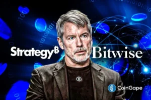 An image of Michael Saylor and the Strategy and Bitwise logo