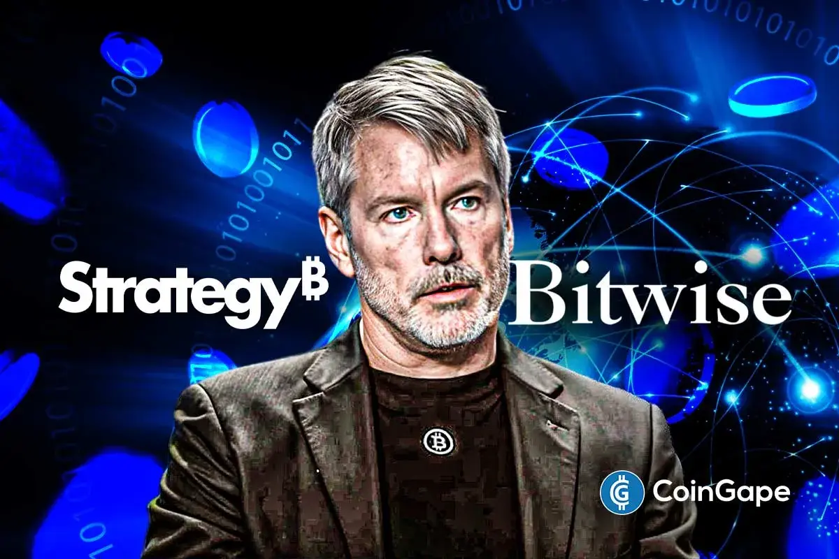 An image of Michael Saylor and the Strategy and Bitwise logo