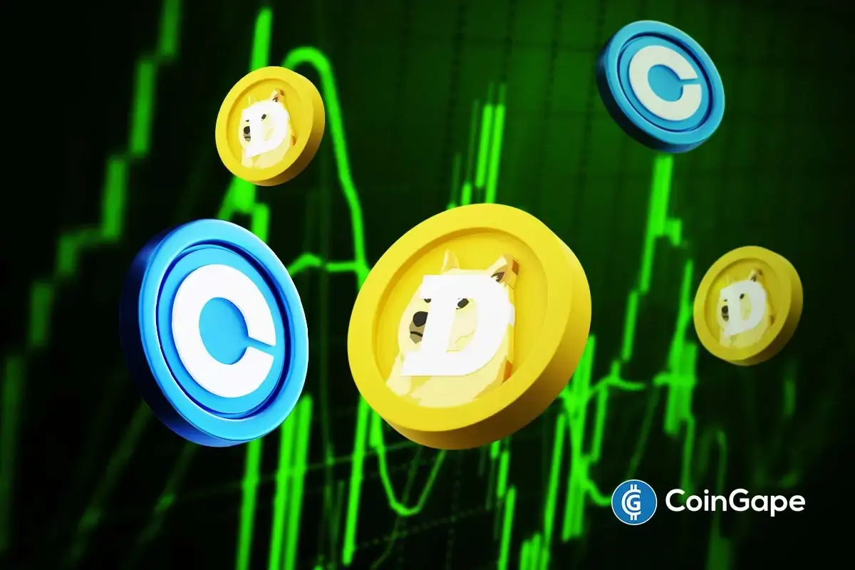 Dogecoin-related visuals reflecting market reaction following Coinbase’s launch of regulated DOGE futures products