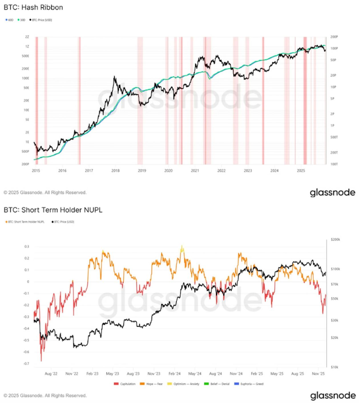 Glassnode charts showing Bitcoin Hash Ribbon turning bearish and Short-Term Holder NUPL falling into loss territory.