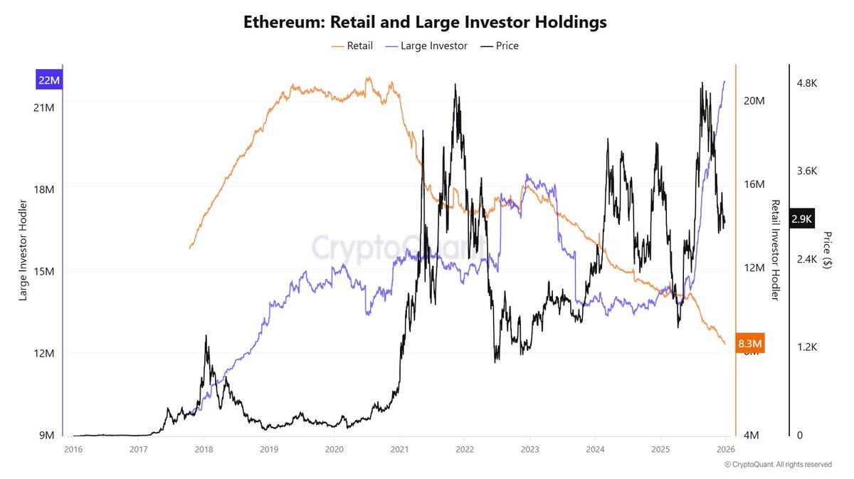 Ethereum chart showing rising whale holdings and declining retail balances, highlighting the growing shift toward large-holder supply control.
