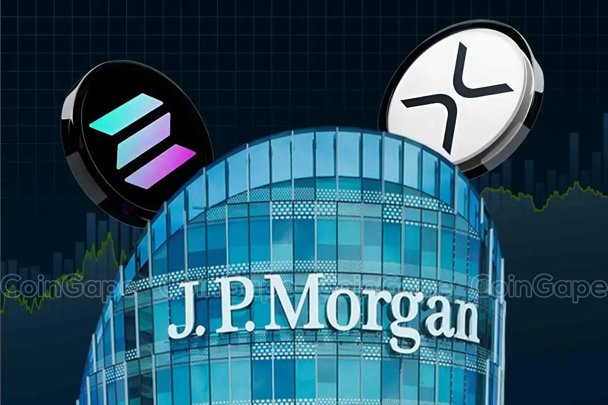 JPMorgan building with Solana and XRP symbols highlighting institutional shift toward on-chain financial markets.