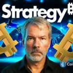 An image of Michael Saylor, Strategy and Bitcoin logos