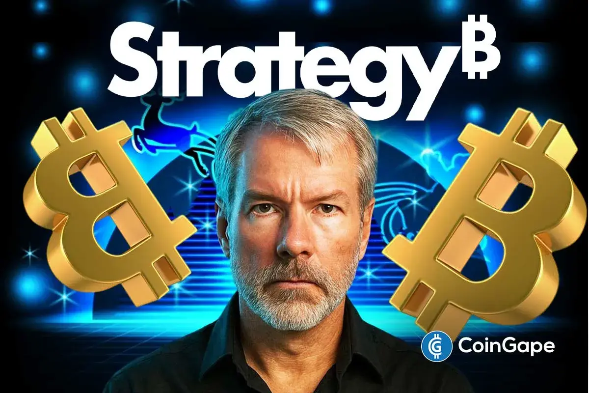 An image of Michael Saylor, Strategy and Bitcoin logos