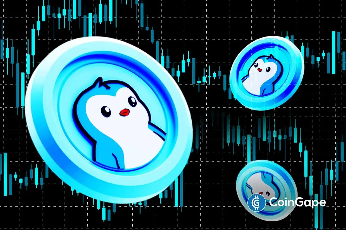 PENGU tokens on a crypto price chart as Pudgy Penguins gains visibility during a broader market downturn