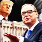Donald Trump and Kevin Hassett appear with U.S. buildings as speculation grows over Fed leadership and potential 2025 rate cuts.