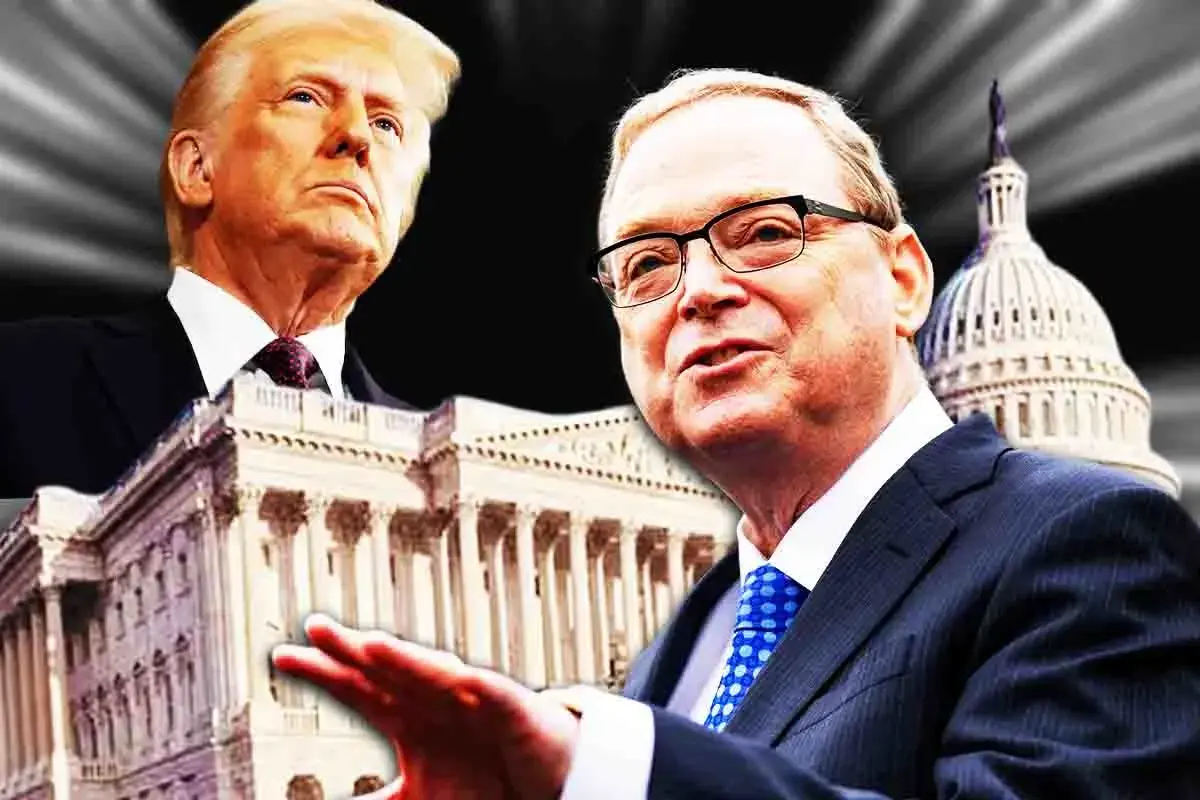 Donald Trump and Kevin Hassett appear with U.S. buildings as speculation grows over Fed leadership and potential 2025 rate cuts.