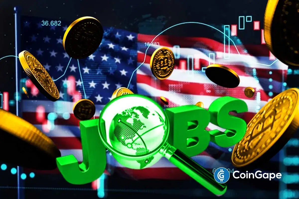 An image to represent the U.S. jobs data and Bitcoin logo