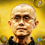 Binance founder CZ stands against a gold Binance-themed background as Kyrgyzstan’s nation-backed KGST stablecoin launch on BNB Chain, signaling rising government crypto adoption.