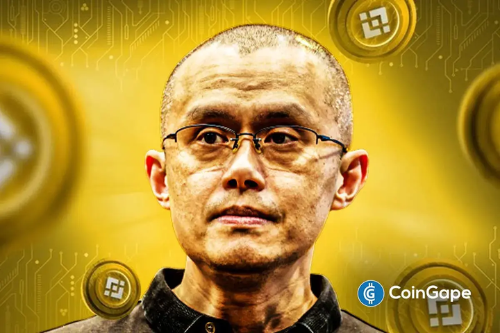 Binance founder CZ stands against a gold Binance-themed background as Kyrgyzstan’s nation-backed KGST stablecoin launch on BNB Chain, signaling rising government crypto adoption.