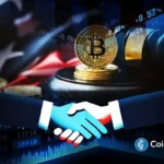Handshake over Bitcoin imagery, symbolizing bipartisan cooperation on the U.S. crypto market structure bill.