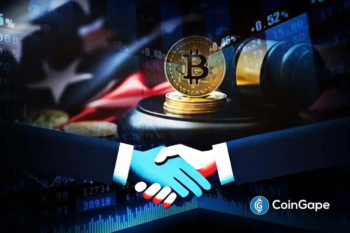 Handshake over Bitcoin imagery, symbolizing bipartisan cooperation on the U.S. crypto market structure bill.