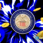 Bitcoin coins surge around U.S. Federal Reserve seal, signaling market reaction to QT end and rate-cut expectations.