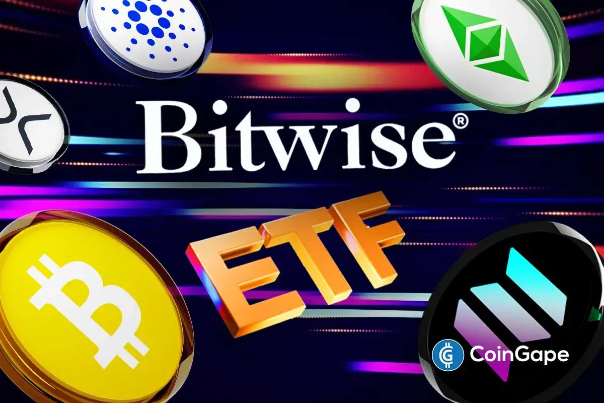 Bitwise logo with BTC, ETH, DOGE, SOL, XRP, ADA tokens highlighting growing interest in its new crypto ETF offerings.