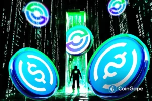 USDC tokens float in a digital matrix background as Circle highlights USDCx privacy features on the Aleo blockchain.