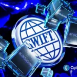 SWIFT logo surrounded by blockchain blocks as critics question its delayed blockchain integration strategy
