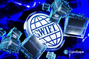 SWIFT logo surrounded by blockchain blocks as critics question its delayed blockchain integration strategy