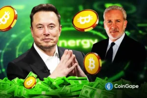 Elon Musk and Peter Schiff shown with Bitcoin symbols as their opposing views intensify debate over Bitcoin’s value and energy basis.