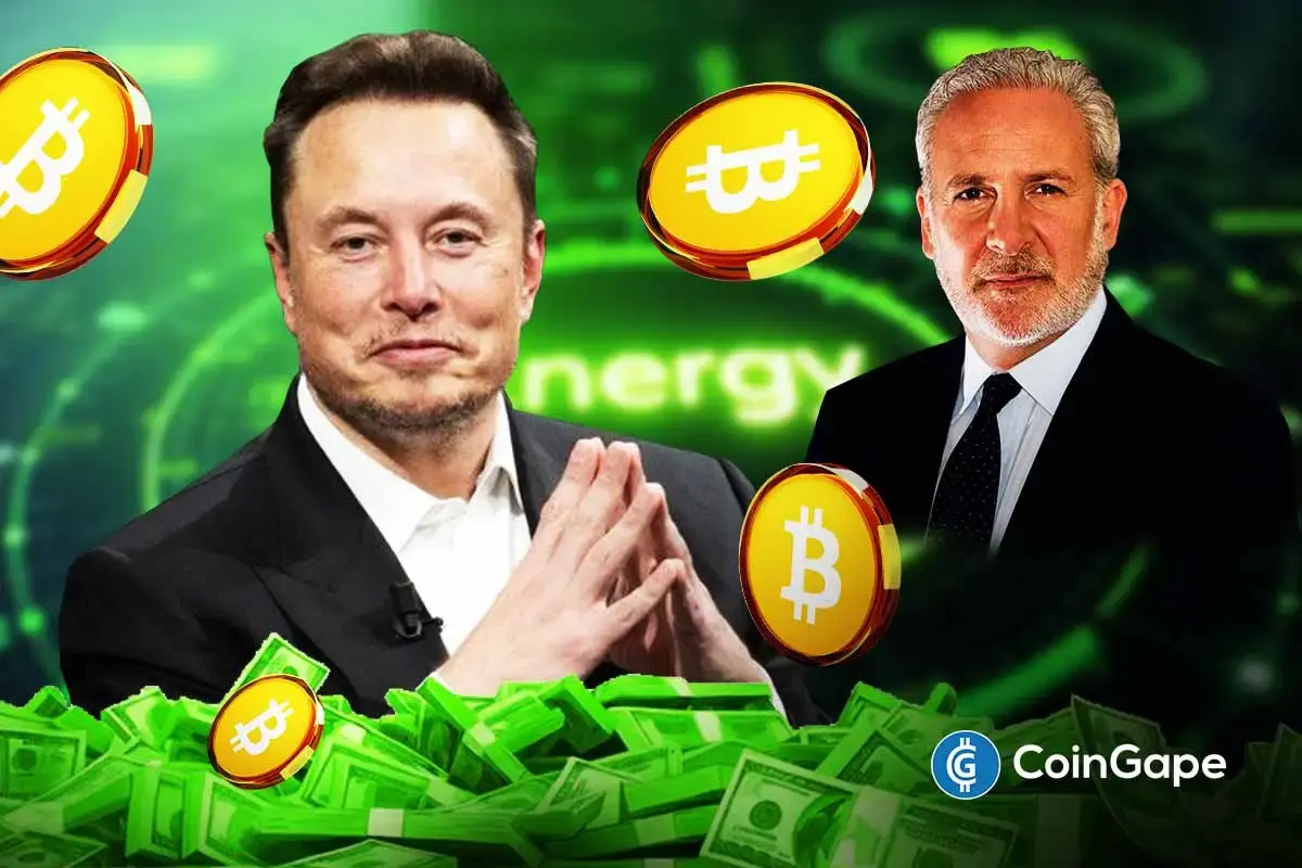 Elon Musk and Peter Schiff shown with Bitcoin symbols as their opposing views intensify debate over Bitcoin’s value and energy basis.