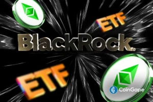 BlackRock logo surrounded by Ethereum staking ETF visuals highlighting rising institutional interest.