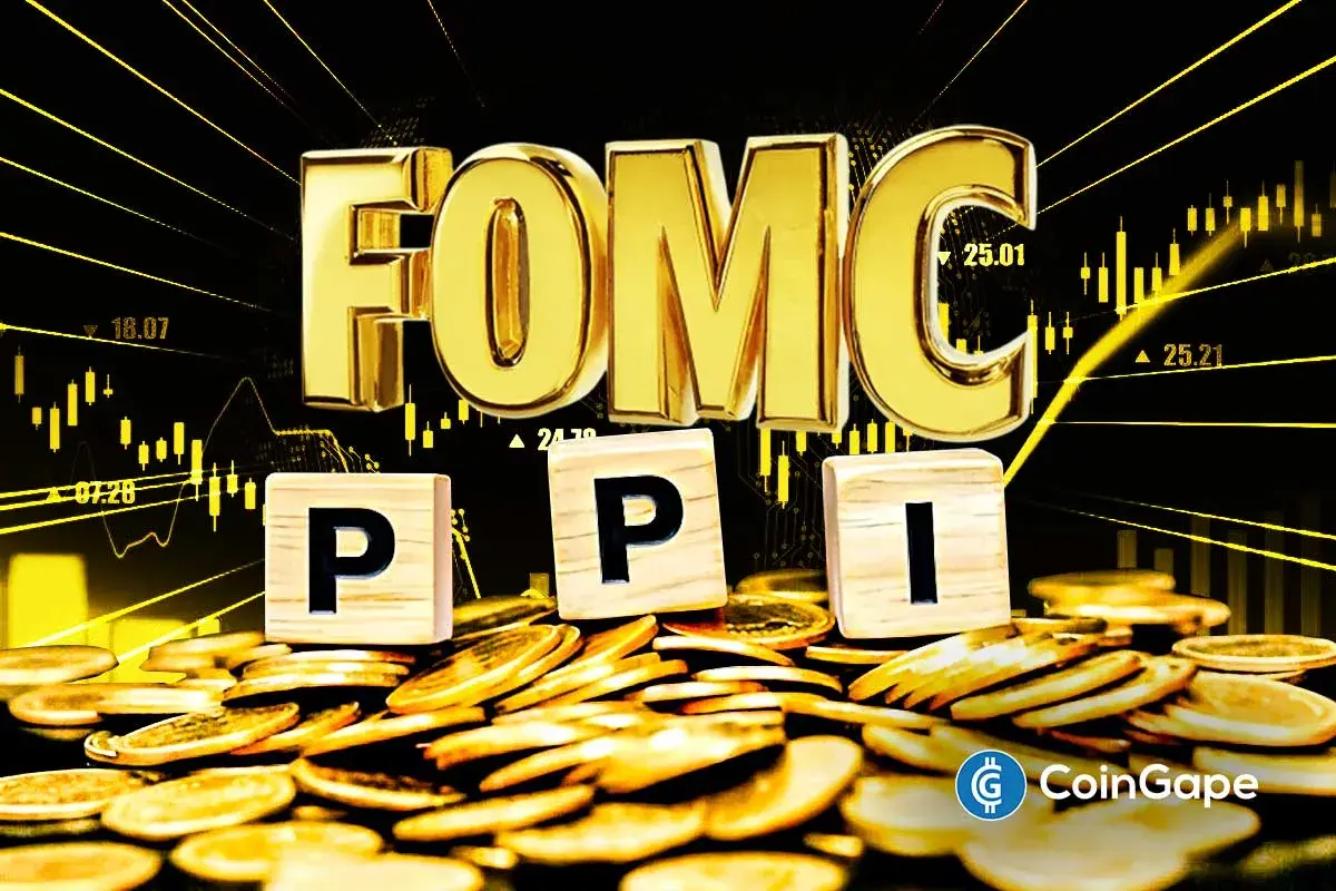 Bitcoin tokens float above PPI blocks and rising charts, illustrating market uncertainty from missing U.S. inflation report.