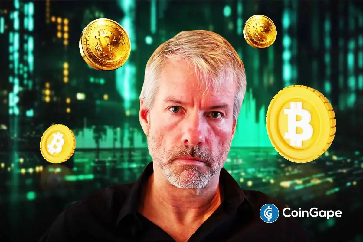 Michael Saylor pictured with Bitcoin imagery as Strategy hints at fresh BTC buying amid $90,000 resistance.