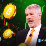 Michael Saylor gestures as Bitcoin icons rise amid charts, signaling confidence despite extreme market fear