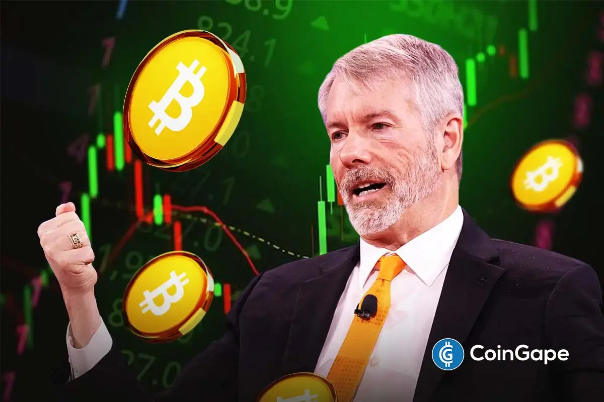 Michael Saylor gestures as Bitcoin icons rise amid charts, signaling confidence despite extreme market fear