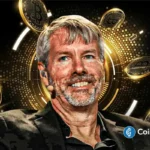 Strategy Chairman Michael Saylor beside a large Bitcoin symbol with Strategy branding in the background, highlighting fresh interest in BTC purchase.