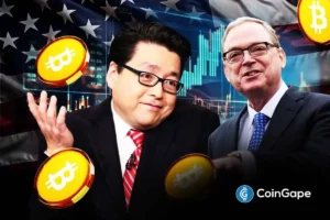 Tom Lee and Kevin Hassett appear with Bitcoin graphics as U.S. policy expectations shape crypto market outlook.